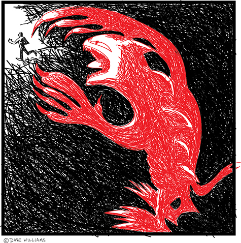 Drawing of a person running from a large red creature.